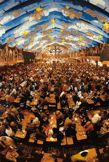 A painting - People are sitting and eating in a huge dinner hall