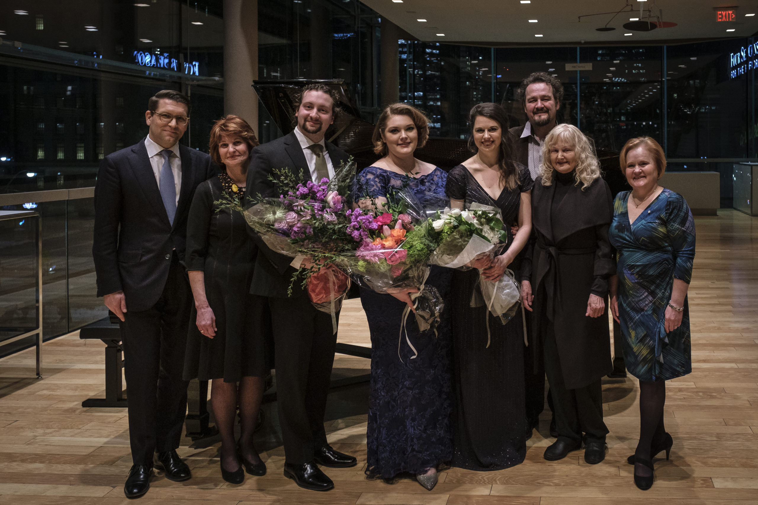 (l-r) COC General Director Alexander Neef, Ontario Arts Foundation Board Member Judith Gelber, Second Prize Winner Joel Allison, Third Prize Winner Simona Genga, First Prize Winner Anna-Sophie Neher, Russell Braun, Christina Quilico and Tracy Dahl. Photo: Chris Hutcheson